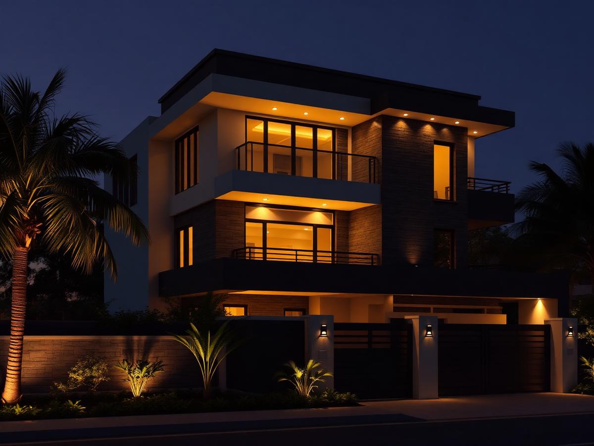 Independent house with a modern elevation at night